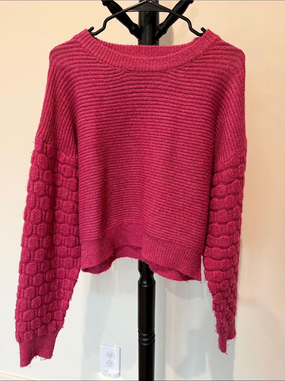 Woven Heart Bubble-Sleeve Crewneck Sweater - Fuchsia Pink